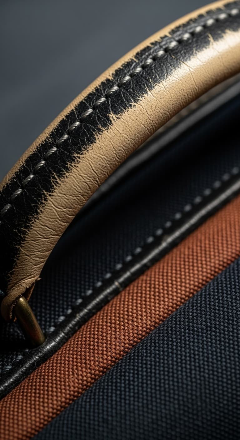 Close-up of a stitched leather bag handle over woven fabric